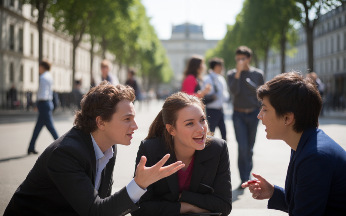 Trois jeunes professionnels discutent joyeusement en plein air, tandis que d'autres personnes marchent en arrière-plan dans une rue arborée.