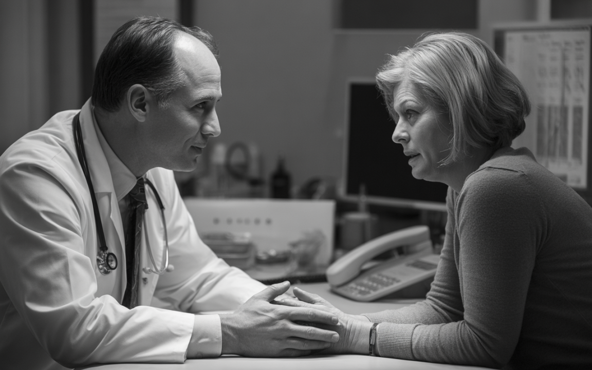 Un médecin et une patiente se parlent intensément dans un cabinet médical. Échange sérieux, ambiance de compréhension et soutien.