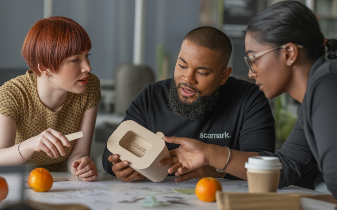 Trois personnes discutent autour d'une table, présentant un objet en carton. Des notes et une orange sont visibles.
