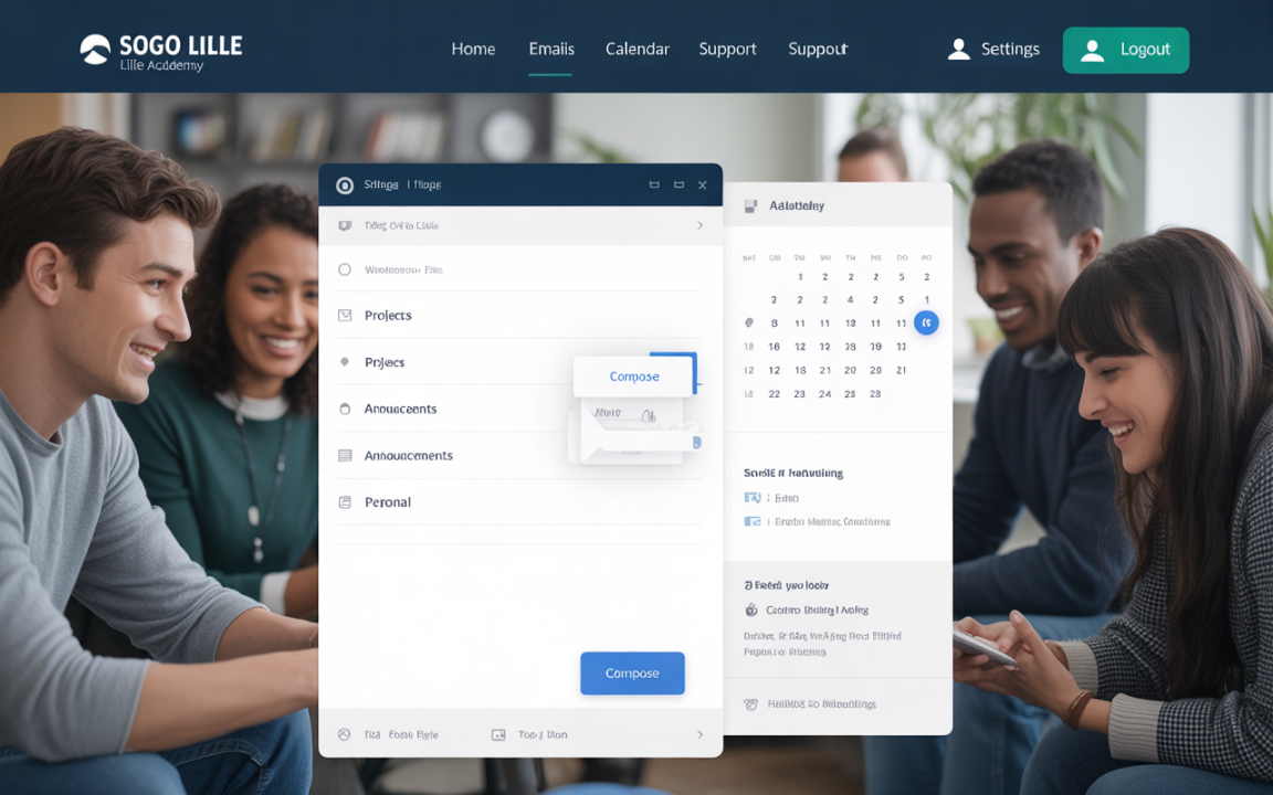 Interface de messagerie avec plusieurs utilisateurs souriants, affichant des options de projets, annonces et calendrier. Moderne et convivial.