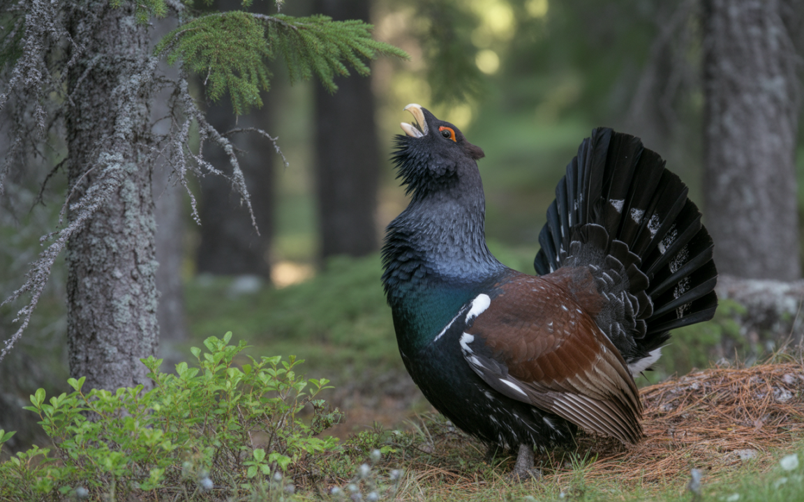 Un tétras lyre chante dans la forêt, arborant un plumage coloré avec une queue évasée, entouré d'arbres et de verdure.