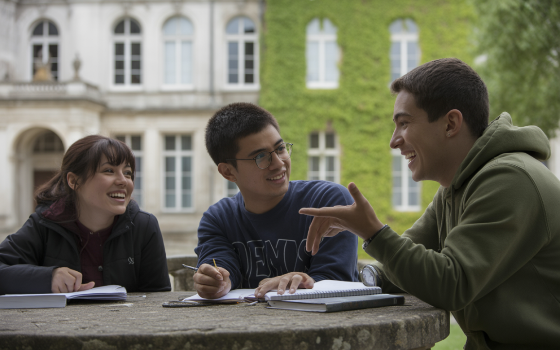 Trois étudiants discutent joyeusement autour d'une table en pierre, avec des livres ouverts, devant un bâtiment couvert de verdure.