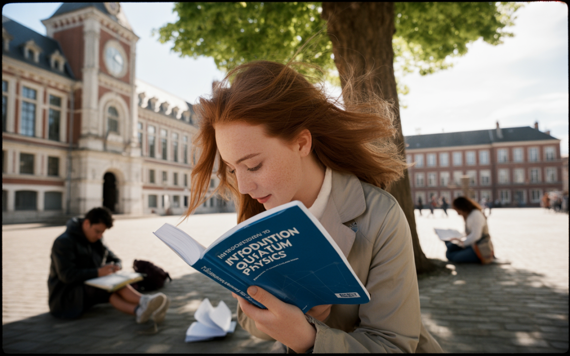 Une jeune femme aux cheveux roux lit un livre sur la physique quantique dans une cour ensoleillée, entourée d'autres étudiants.