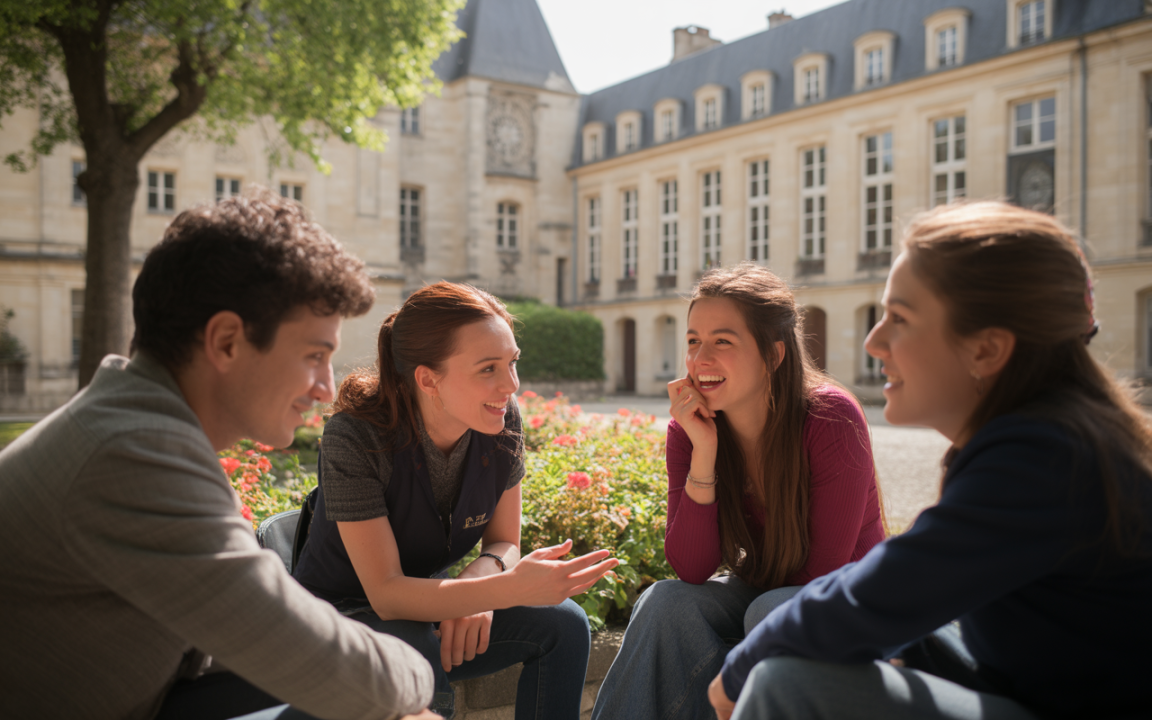 Quatre jeunes adultes discutent joyeusement autour d'un parterre de fleurs, devant un bâtiment historique sous un ciel ensoleillé.