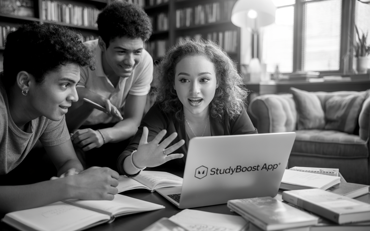 Trois étudiants concentrés, discutant autour d'un ordinateur portable, avec des livres ouverts sur une table, dans un environnement chaleureux.