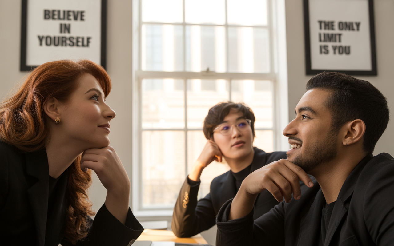 Trois personnes en vêtements professionnels discutent avec intérêt, deux souriant, tandis que des affiches motivantes ornent le mur.