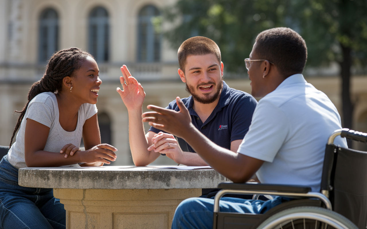 Trois jeunes adultes discutent joyeusement autour d'une table en extérieur, un d'eux étant en fauteuil roulant.
