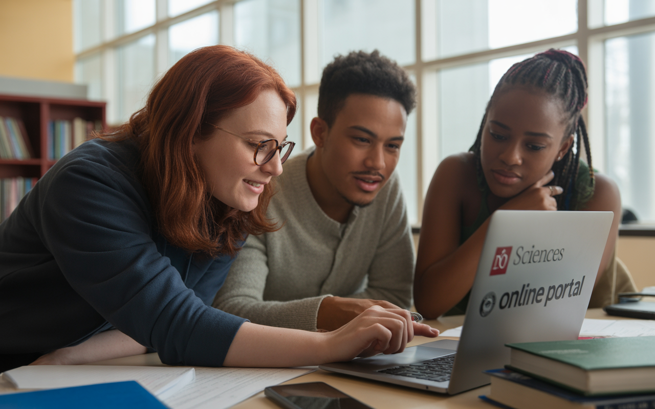 Trois étudiants collaborent sur un ordinateur portable, souriant et analysant des informations dans une bibliothèque lumineuse. Livres et fournitures sont visibles.