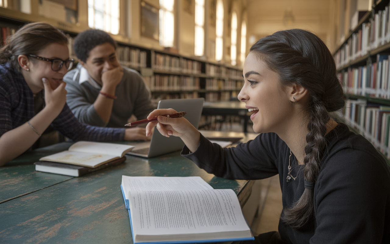 Trois étudiants discutent ensemble dans une bibliothèque, entourés de livres et d'un ordinateur portable, avec un échange animé.