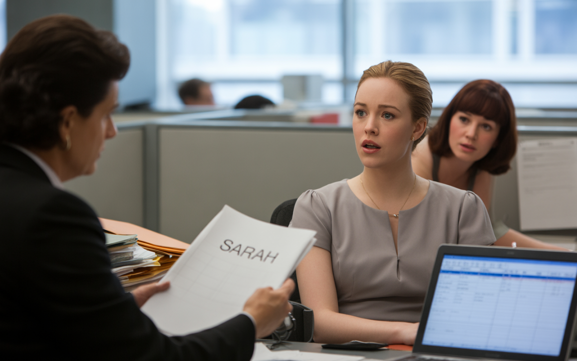 Une femme en costume présente un document à une collègue attentive, tandis qu'une autre femme les observe dans un bureau.
