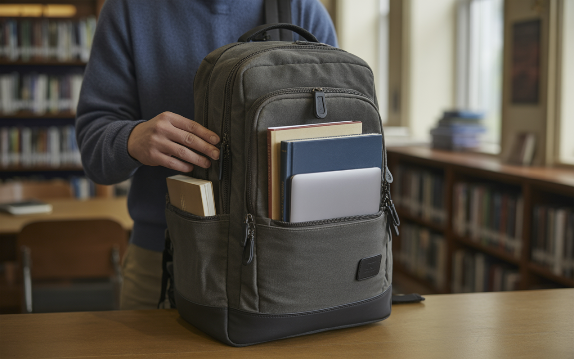 Un sac à dos gris rempli de livres et d'un ordinateur portable, posé sur une table dans une bibliothèque.