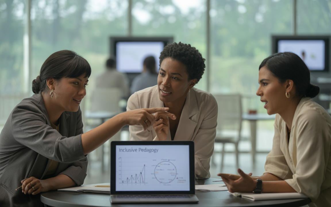 Trois femmes discutent autour d'une table, analysant des données sur un ordinateur portable avec des graphiques sur la pédagogie inclusive.