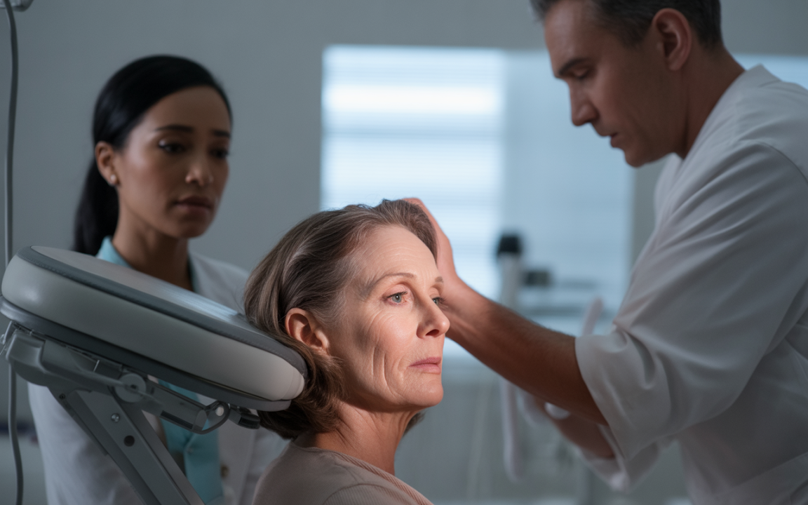 Une femme d'âge moyen reçoit des soins esthétiques d'un médecin, avec une assistance en arrière-plan. Un cadre clinique moderne.