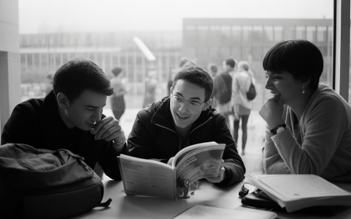 Trois étudiants discutent autour d'une table, feuilletant un livre, avec un environnement flou en arrière-plan dans une ambiance de travail.