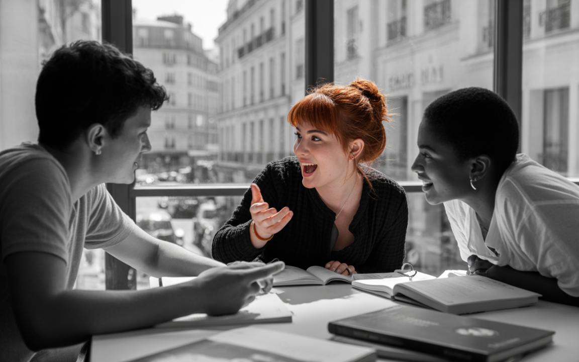 Trois étudiants discutent joyeusement autour d'une table, avec des livres ouverts et une vue lumineuse sur la rue en arrière-plan.