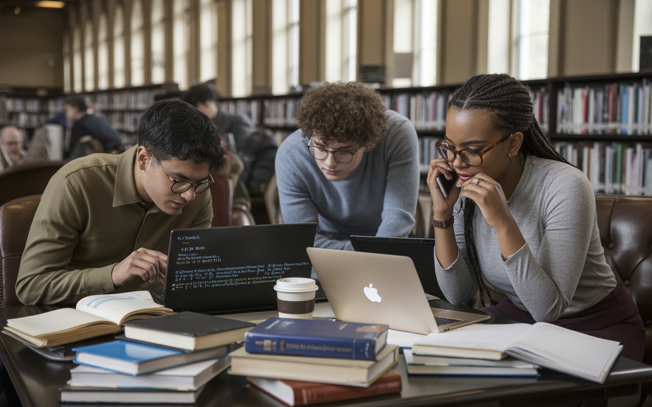 Trois étudiants collaborent dans une bibliothèque, entourés de livres, utilisant des ordinateurs portables pour étudier et coder.