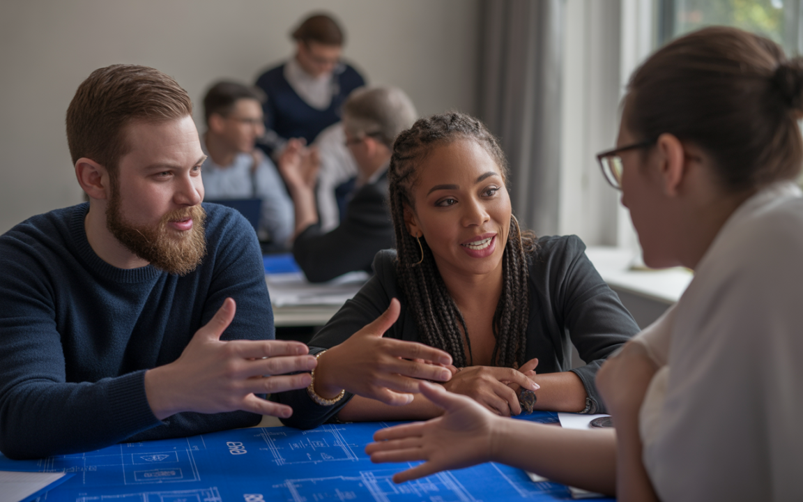 Groupe de personnes en discussion autour d'une table, avec des plans de projet, exprimant des idées et collaborant activement.