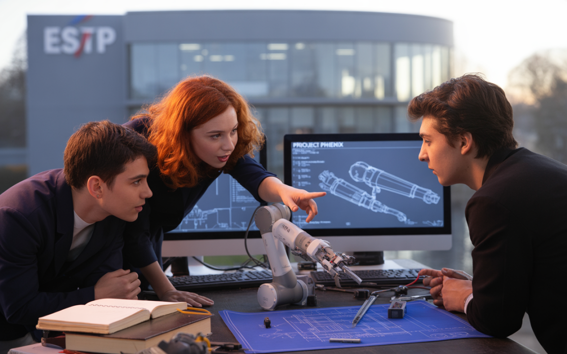 Trois étudiants discutent d'un projet technique autour d'un plan et d'un robot, avec un bâtiment en arrière-plan.