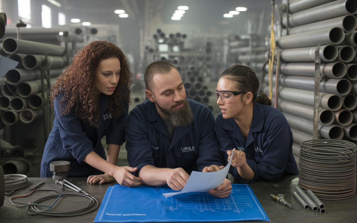 Trois professionnels en tenue de travail examinant des plans techniques sur un bureau, entourés de tubes métalliques dans un environnement industriel.