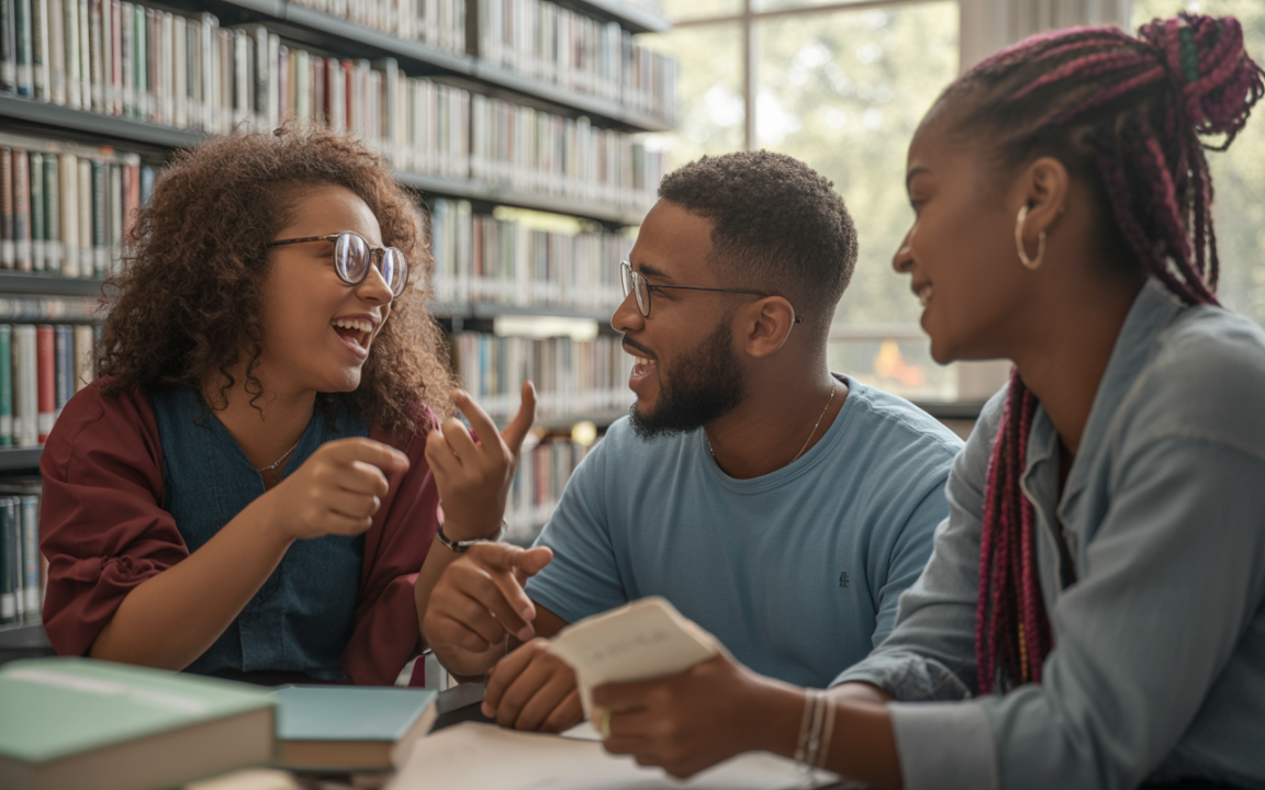 Trois jeunes étudiants discutent joyeusement dans une bibliothèque, entourés de livres, avec des expressions animées et des gestes.