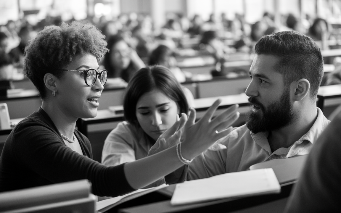 Trois étudiants discutent activement dans une salle de classe. Une femme parle avec enthousiasme tandis que deux autres l'écoutent attentivement.