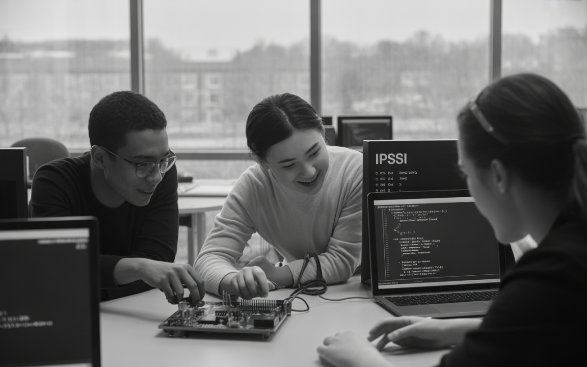 Trois étudiants collaborent sur un projet technique devant des ordinateurs, discutant et manipulant un circuit imprimé.