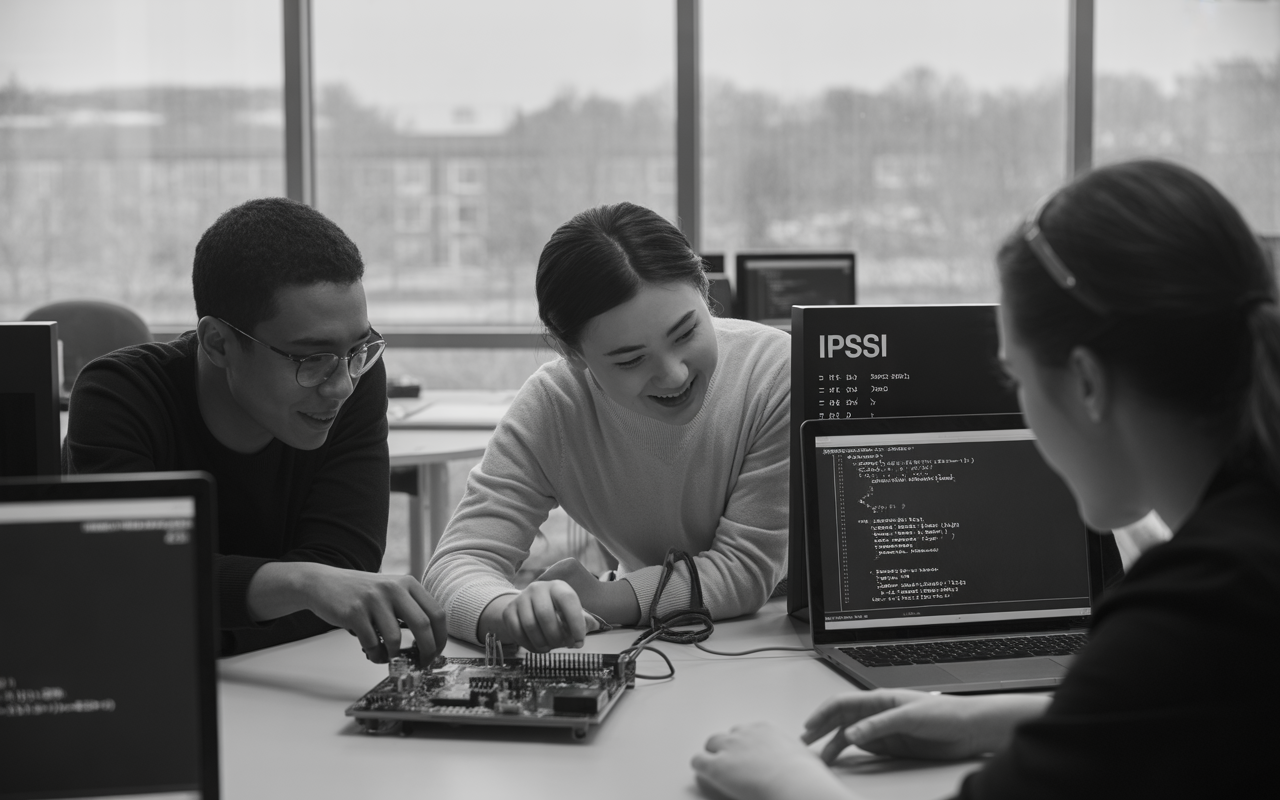 Trois étudiants collaborent sur un projet technique devant des ordinateurs, discutant et manipulant un circuit imprimé.