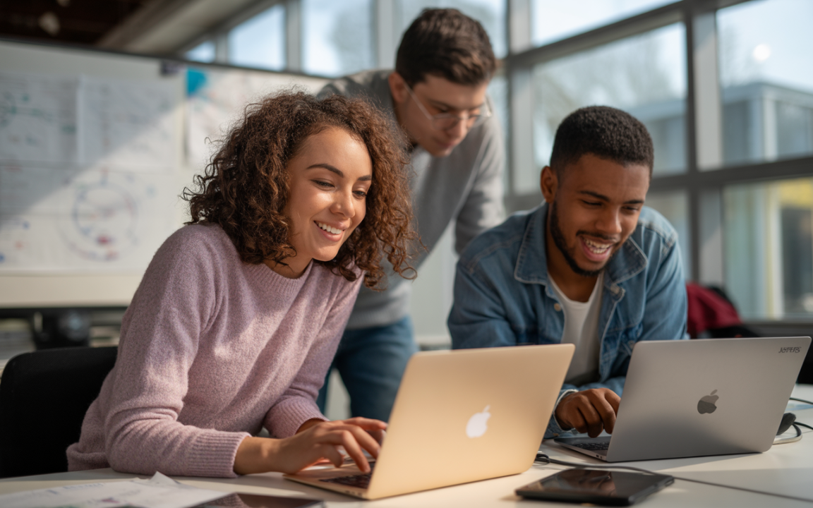 Trois jeunes adultes collaborent sur des ordinateurs portables en souriant dans un espace de travail lumineux et moderne.
