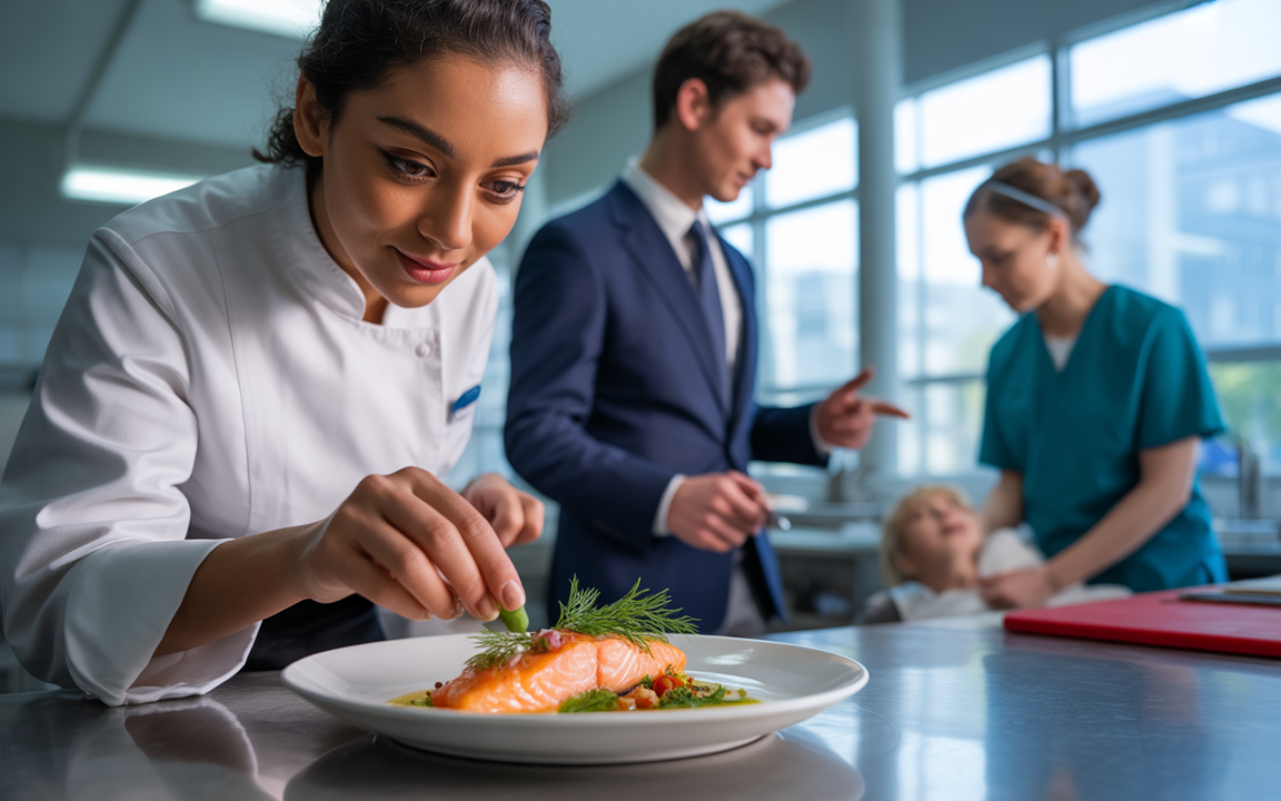 Une chef en cuisine présente un plat de saumon, tandis qu'un homme en costume discute avec une femme en blouse médicinale, avec un enfant à l'arrière-plan.