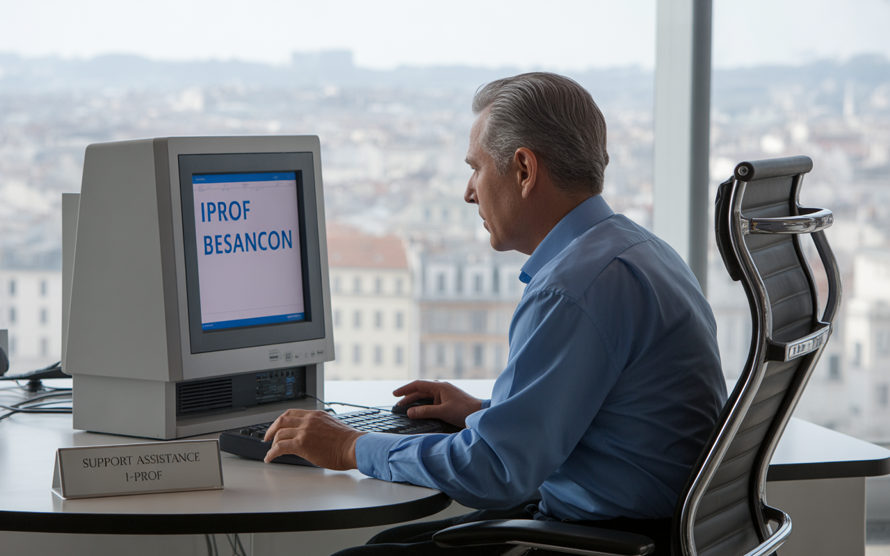 Homme assis devant un ordinateur dans un bureau moderne, regardant l'écran affichant "IPROF BESANCON", avec une vue urbaine en arrière-plan.