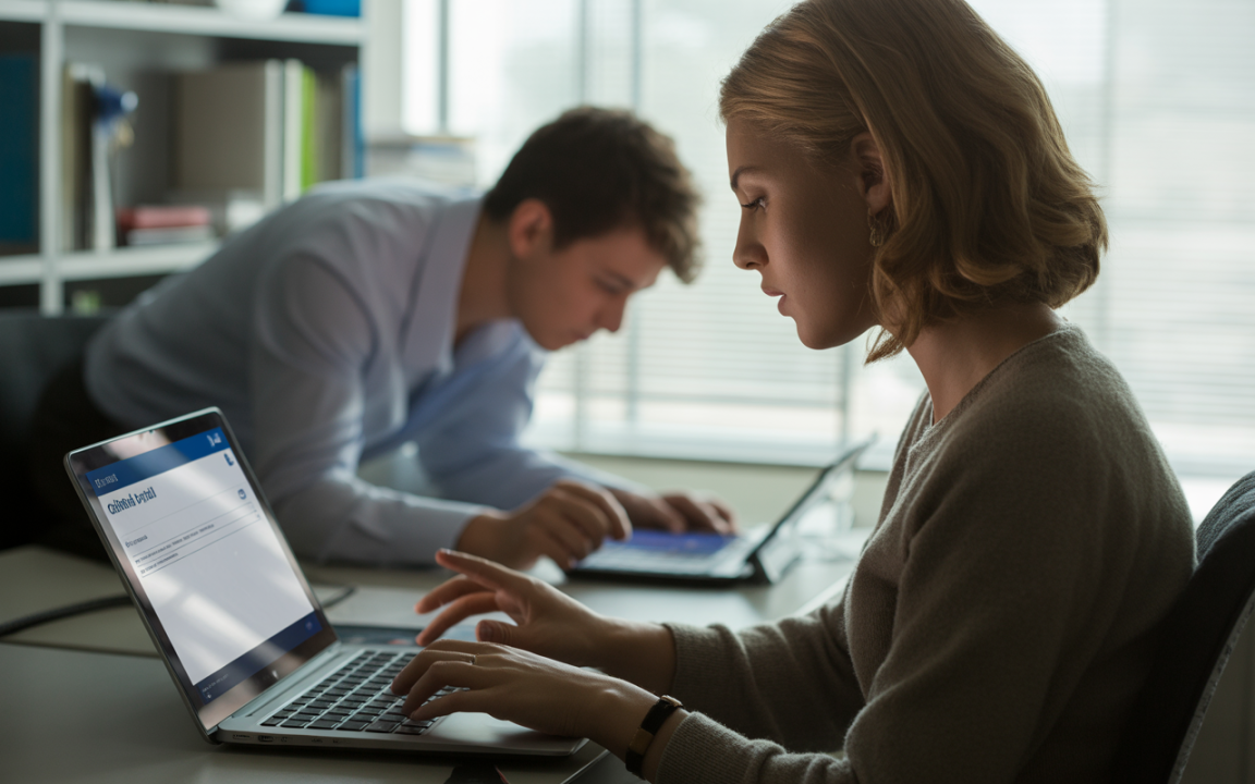 Deux personnes travaillent sur des ordinateurs dans un bureau lumineux. L'une est concentrée sur son écran, tandis que l'autre figure en arrière-plan.