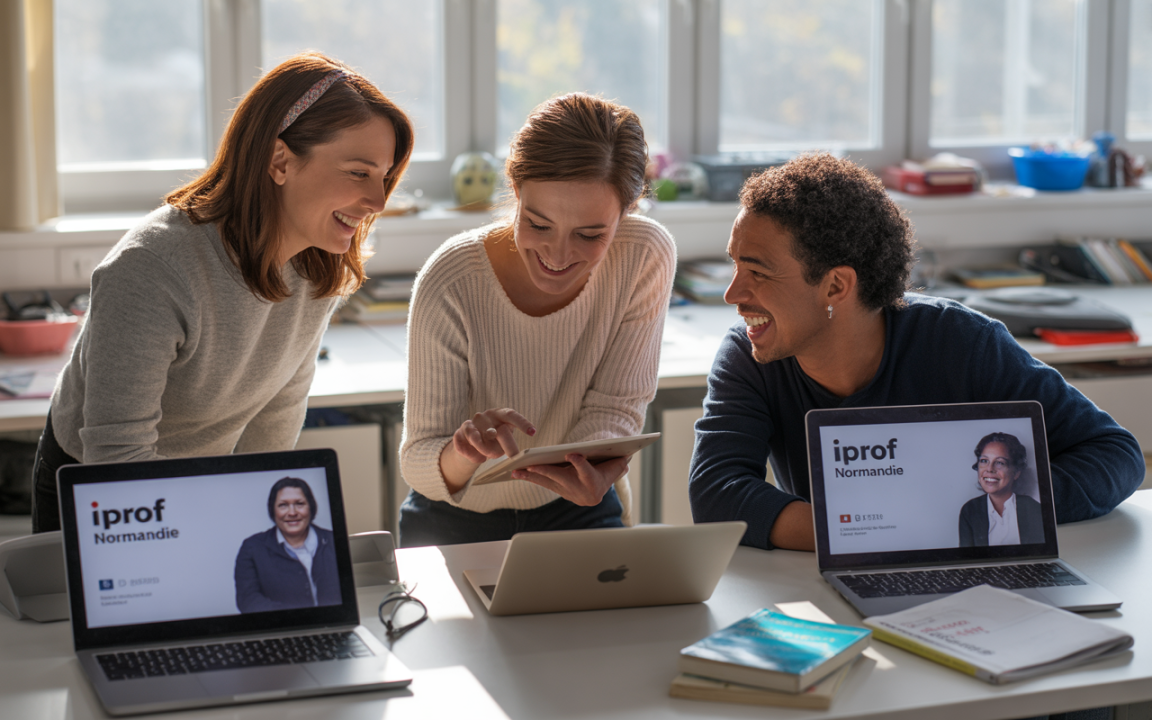 Quatre personnes souriantes collaborent autour d'un bureau, avec des ordinateurs portables affichant des visuels liés à "iprof Normandie".