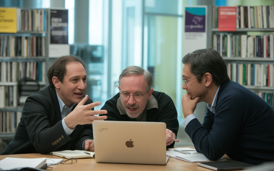 Trois hommes discutent autour d'un ordinateur portable en bibliothèque, échangeant des idées et des informations. Ambiance collaborative et studieuse.