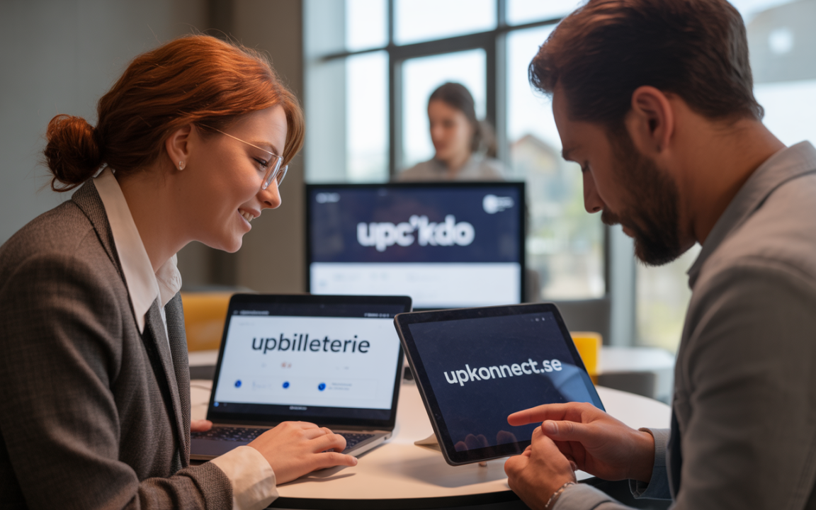 Deux personnes collaborent dans un bureau moderne, utilisant des ordinateurs portables et tablettes pour discuter de projets affichés sur un écran.