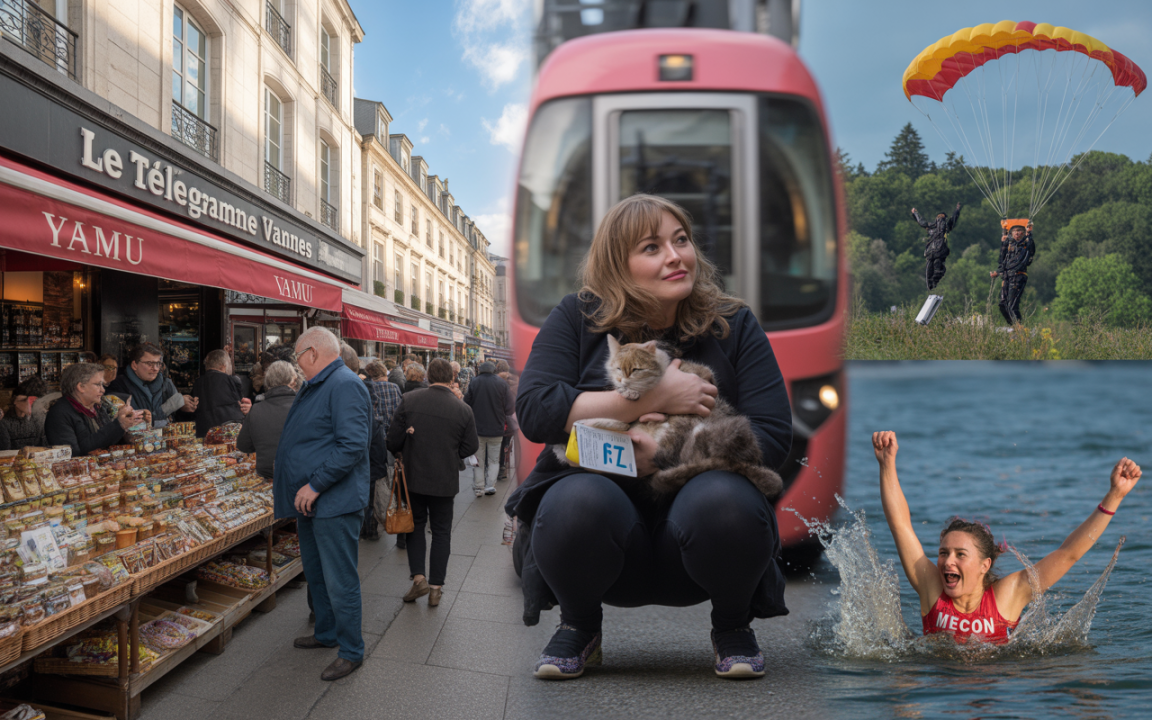 Montage illustrant une rue animée avec un magasin, une femme tenant un chat près d’un tram, des parachutistes et une nageuse joyeuse.