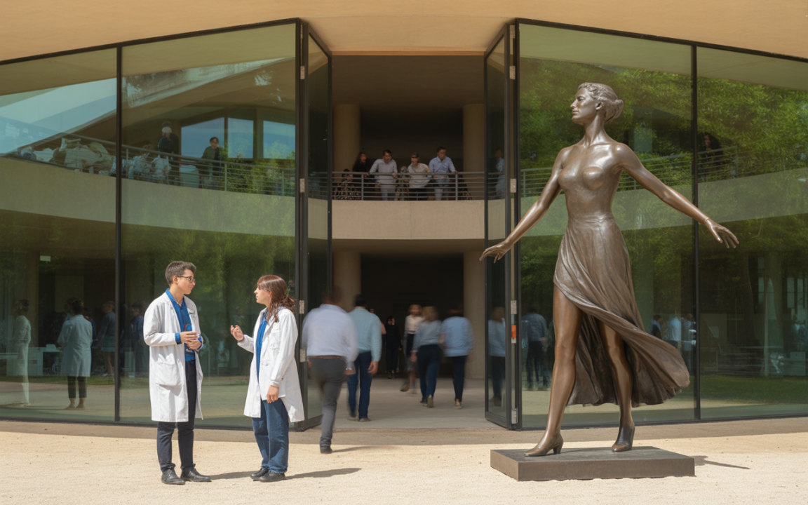 Deux personnes en blouses blanches discutent devant une sculpture, avec des membres d'un groupe visibles à l'étage arrière.