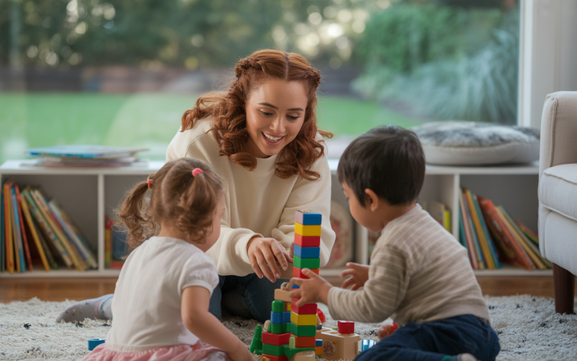 Une femme souriante joue avec deux enfants, empilant des blocs colorés sur un tapis dans un espace lumineux et accueillant.