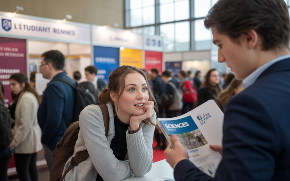 Deux jeunes discutent à un salon étudiant, l'un montrant une brochure sur les sciences, pendant que l'autre écoute attentivement.