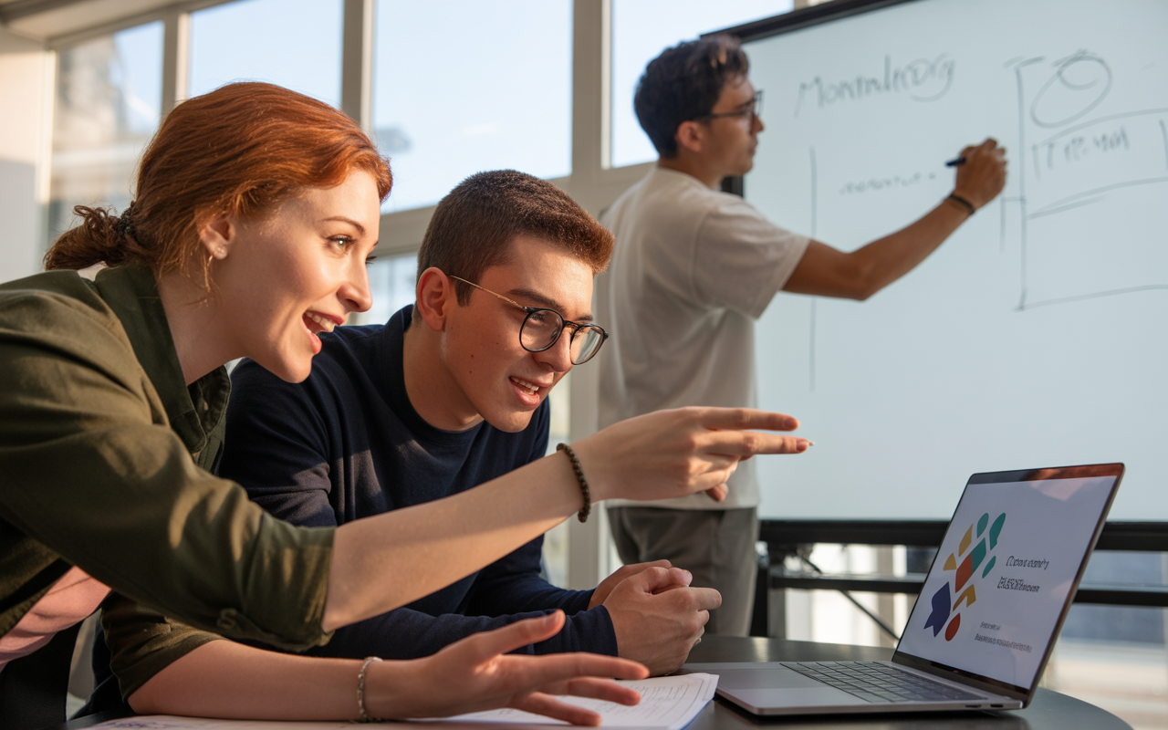 Trois jeunes discutent de projet devant un ordinateur portable, avec un tableau blanc en arrière-plan. Lumière naturelle entrée par des fenêtres.