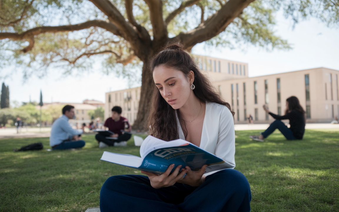 Une jeune femme lit un livre sous un arbre, entourée d'étudiants dans un parc universitaire. Bâtiments modernes en arrière-plan.