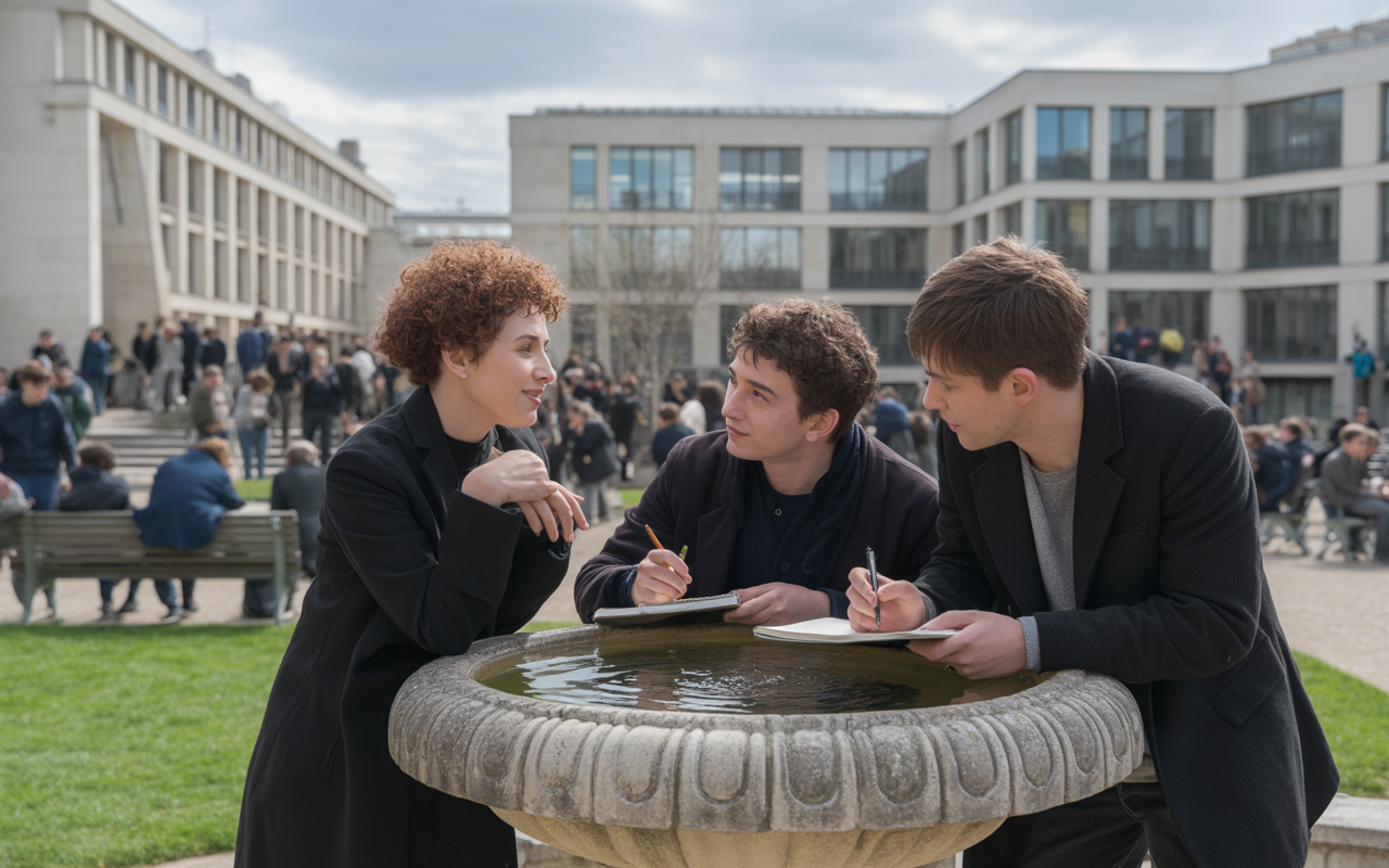 Trois personnes discutent près d'une fontaine, prenant des notes, avec un groupe de personnes en arrière-plan. Ciel nuageux.