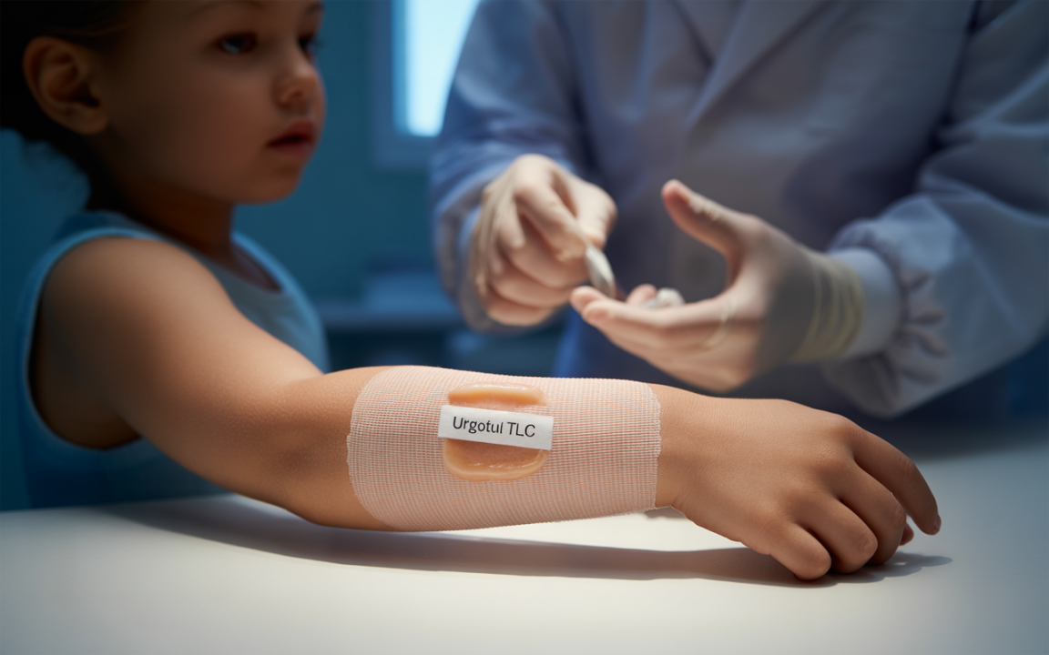 Une enfant avec un bandage sur le bras, pendant qu'un professionnel de santé lui administre un soin. Éclairage doux.