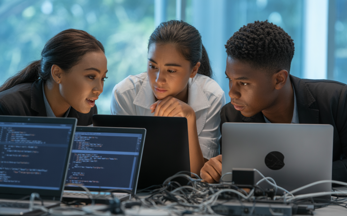 Trois personnes discutent autour d'ordinateurs portables, analysant du code sur des écrans, dans un environnement de travail collaboratif.