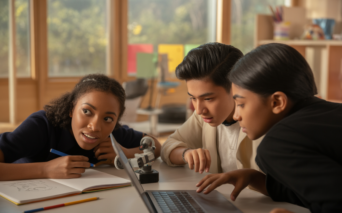 Trois jeunes étudient ensemble, examinant un ordinateur portable et un robot, avec des carnets et des crayons sur la table.