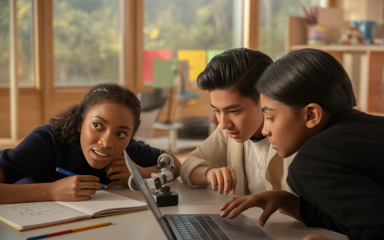 Trois jeunes étudient ensemble, examinant un ordinateur portable et un robot, avec des carnets et des crayons sur la table.