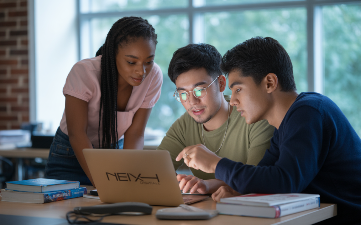 Trois étudiants se penchent sur un ordinateur portable, travaillant ensemble sur un projet, entourés de livres. Lumière naturelle à l'arrière-plan.