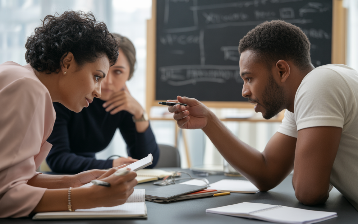 Trois personnes discutent sérieusement autour d'une table, avec des carnets et des stylos, devant un tableau noir.