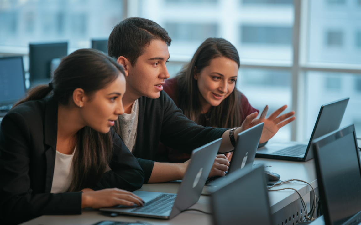 Trois jeunes adultes interagissent autour de plusieurs ordinateurs portables dans une salle lumineuse. Ils semblent discuter et collaborer.