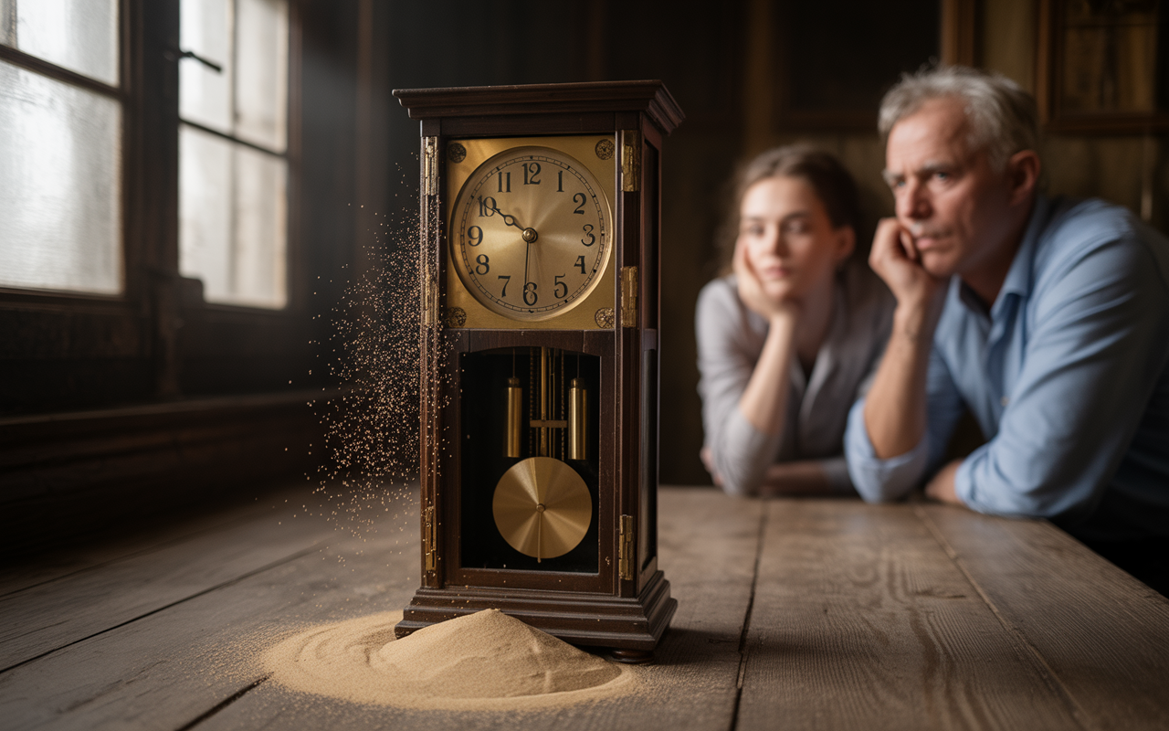 Une horloge au design vintage, entourée d'une fine poussière, avec deux personnes pensives en arrière-plan.