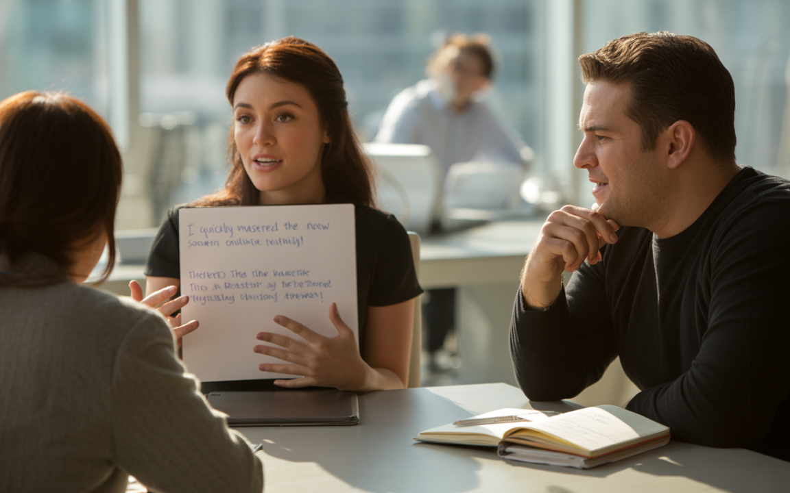 Une femme présente un document à deux personnes lors d'une discussion, dans un cadre lumineux et moderne de bureau.